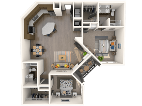 Floor plan for 2 beds, 2 baths, 1285 sqft